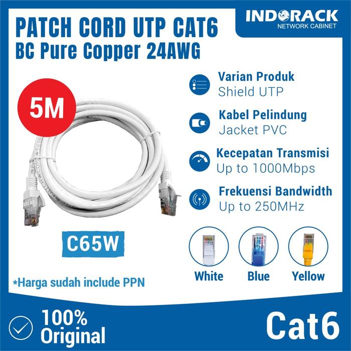Kabel Patch Cord LAN UTP Cat6 INDORACK 5 Meter - BC Pure Copper 24AWG