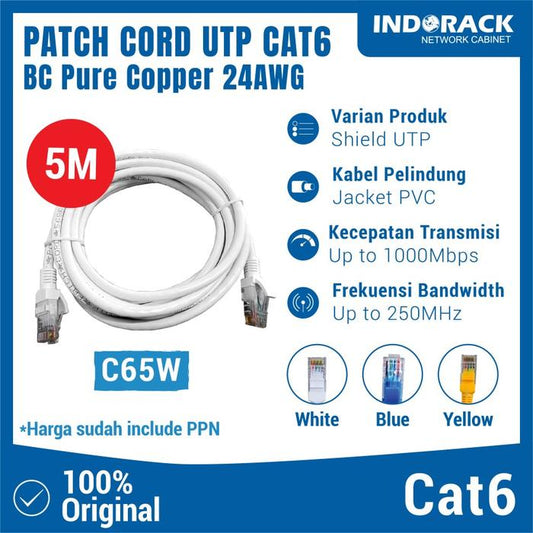 Kabel Patch Cord LAN UTP Cat6 INDORACK 5 Meter - BC Pure Copper 24AWG