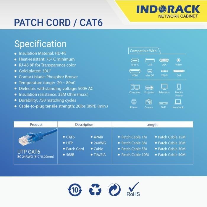 Kabel Patch Cord LAN UTP Cat6 INDORACK 5 Meter - BC Pure Copper 24AWG