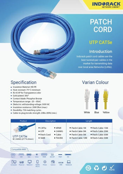 Kabel Patch Cord LAN UTP Cat6 INDORACK 5 Meter - BC Pure Copper 24AWG