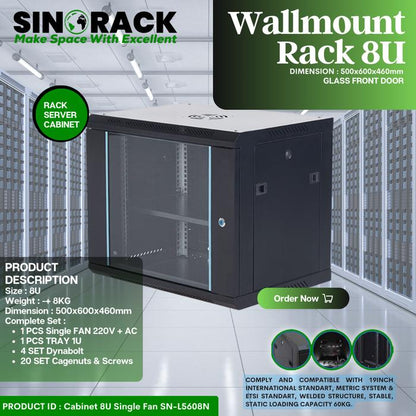 Wallmount Rack Server 8U SINORACK - Pintu Kaca, Kapasitas Beban 60kg