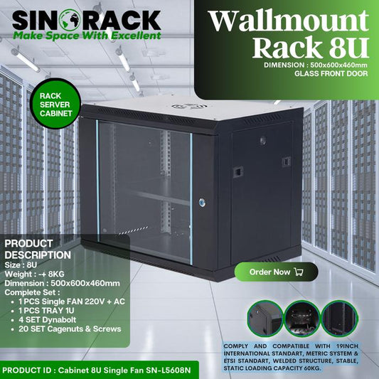 Wallmount Rack Server 8U SINORACK - Pintu Kaca, Kapasitas Beban 60kg
