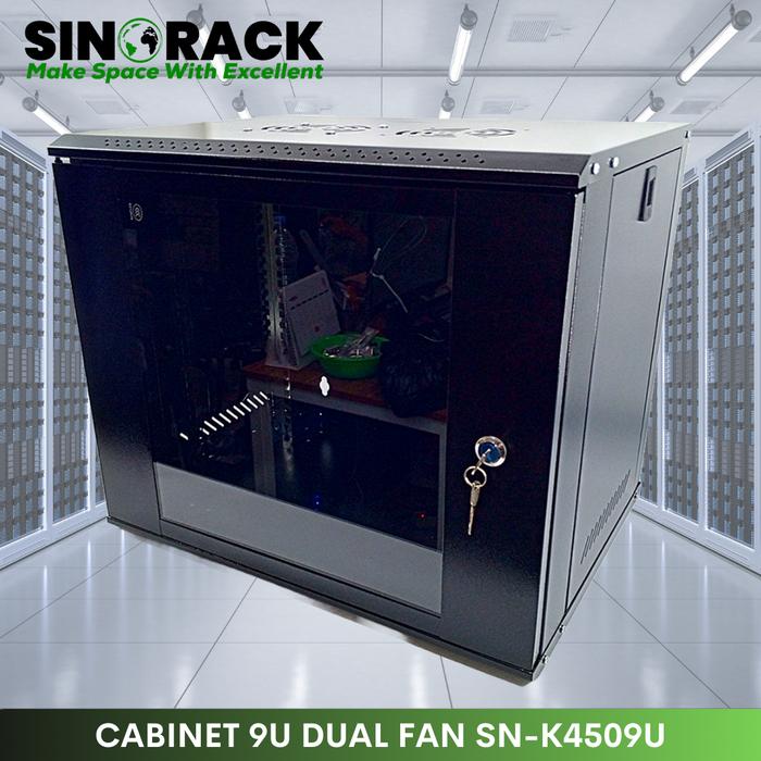 Wallmount Rack Server 9U SINORACK - Pintu Kaca Tempered Glass & Dual Fan