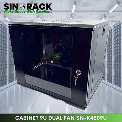 Wallmount Rack Server 9U SINORACK - Pintu Kaca Tempered Glass & Dual Fan